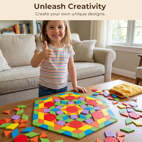 LovesTown 209 PCS Shapes Wooden Pattern Blocks for Kids, Geometric with Activity Cards and Storage Bag, Educational Tangram Puzzles,Great Learning Gift from Parents or Teachers - size: 230