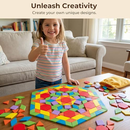 LovesTown 209 PCS Shapes Wooden Pattern Blocks for Kids, Geometric with Activity Cards and Storage Bag, Educational Tangram Puzzles,Great Learning Gift from Parents or Teachers - size: 230