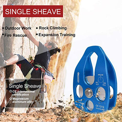 NewDoar 30 KN CE Certified Large Rescue Pulley Single/Double Sheave with Swing Plate - color: Single Pulley - Blue 1pcs