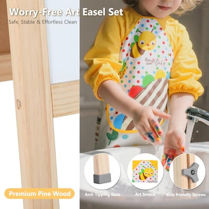 Kinder King Adjustable Wooden Kids Art Easel, Paper Roller, Storage (Grey) | Double-Sided Magnetic Whiteboard & Chalkboard, Art Supplies, Indoor & Outdoor, Painting & Drawing, 3 Years+, Gift - color: Grey