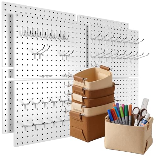 Spampur 8 Pack Peg Board Organizer, Includes Metal PegBoard and Accessories | White Pegboard Panels with 50 Pcs Hooks and Baskets, Wall Organizer for Office, Craft Room Organization, Garage, Sewing Room - color: White, size: 16x12''- 8 Pcs
