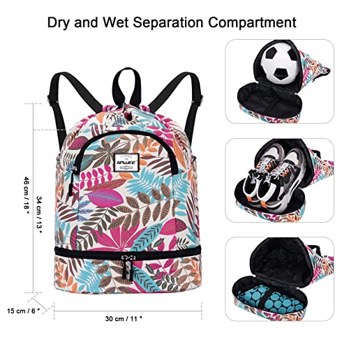 Dry Wet Drawstring Backpack with Shoe Compartment for Women Adjustable Gym Bag - color: Maple Magenta