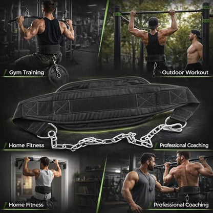 Fitness Dip Belt with Waist Chain, Nylon and Metal Weight Belt for Strength Training, Black - Durable Design, Adjustable Chains for Gym Power Building