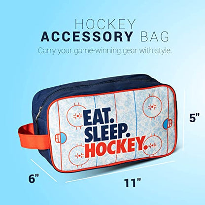 ChalkTalkSPORTS Hockey Toiletry Bag - Eat Sleep Hockey - Ice Rink | Polyester, Center Zipper, Side Handle, 11 x 6 x 5 Inches, Sports Camp Bag, Pencil Case, Dopp Kit, Hockey Gift - color: Eat Sleep Hockey