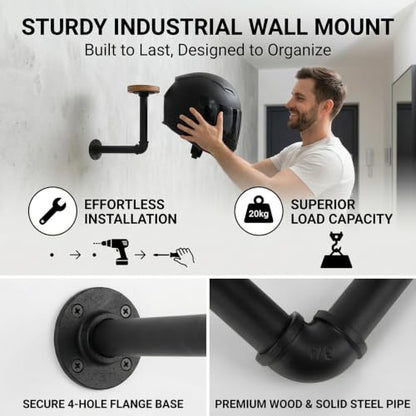 PSLER 3 Pack Helmet Wall Mount, Industrial Pipe Rack for Helmets & Gear | Vintage industrial pipe design,Thickened wall-mounted base,Multi-scene universal holder,Hang riding jackets, scarves & gloves