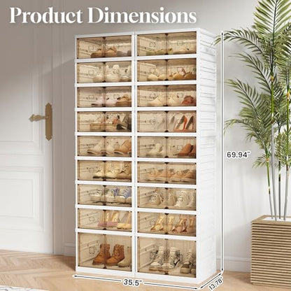 9-Tier Foldable Shoe Rack Organizer, 36 Pairs Stackable & Collapsible Shoe Cabinet with Transparent Doors & Leather Handles, Space-Saving Storage for Entryway, Closet, Kitchen, Cabinet, White - size: 9 Tiers