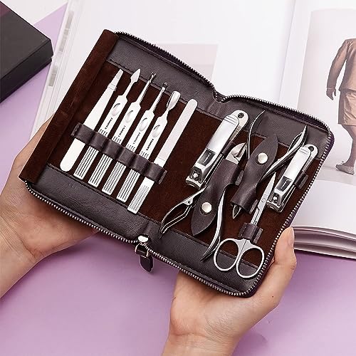 FAMILIFE Manicure Set, Nail Clippers Set Professional Manicure Kit 11 in 1 Stainless Steel Pedicure Tools Nail Kit Mens Grooming Tool with Portable Leather Travel Case Dark Violet Birthday Gifts - color: Purple