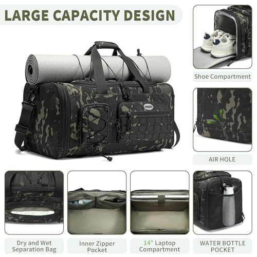 Bosstin Gym Bag for Men & Women,45L Travel Duffle Sports Duffel Bag Gym Weekender Overnight Backpack with Shoe Compartment (GREEN CAMOUFLAGE) - color: GREEN CAMOUFLAGE