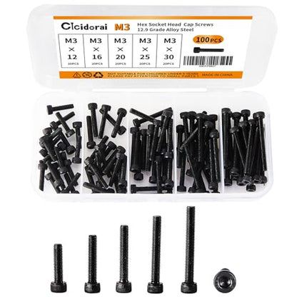 M3 x 12mm 16mm 20mm 25mm 30mm Hex Socket Head Cap Screws Bolts, 12.9 Grade Alloy Steel, Black Oxide Finish, Fully Threaded, Metric Allen Hex Drive, Assortment Kit 100Pcs - size: Hex Socket Head M3x12, 16, 20, 25, 30mm(100pcs)