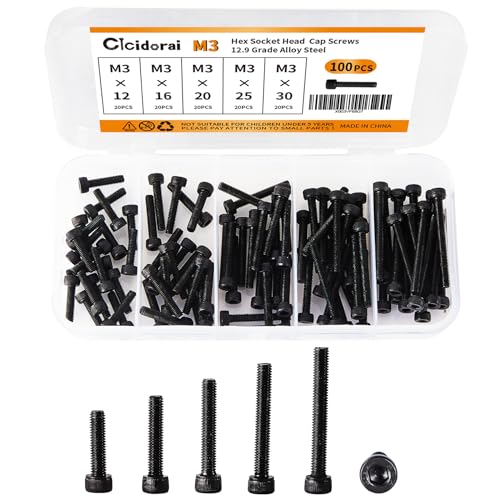 M3 x 12mm 16mm 20mm 25mm 30mm Hex Socket Head Cap Screws Bolts, 12.9 Grade Alloy Steel, Black Oxide Finish, Fully Threaded, Metric Allen Hex Drive, Assortment Kit 100Pcs - size: Hex Socket Head M3x12, 16, 20, 25, 30mm(100pcs)