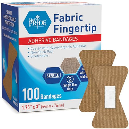 MED PRIDE Sterile Fingertip Fabric Bandages,Hypoallergenic,1.75x3 in,100-Ct