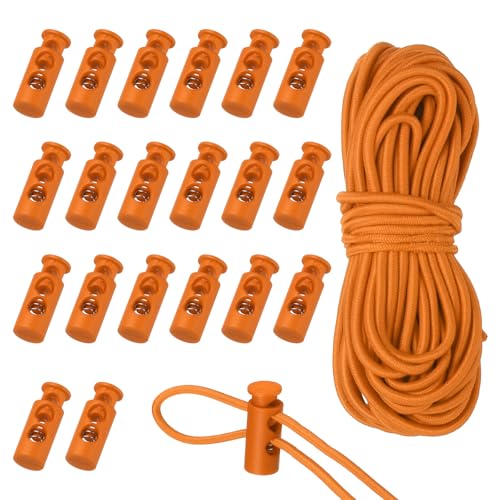 uxcell 20 Pcs Plastic Cord Locks & 16 ft Elastic Cord, Double-Hole Toggles for Drawstrings End Stopper Fastener Slider Toggles Clip for Shoelaces Backpacks Replacement, Orange - color: Orange