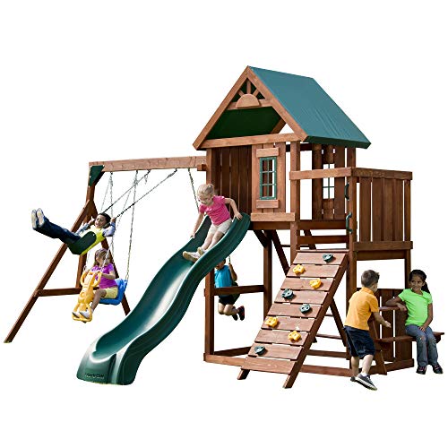 Swing-N-Slide PB 9241-1 Knightsbridge Wooden Swing Set with Slide, Swings, Glider, Climbing Wall, Green Slide - size: Knightsbridge