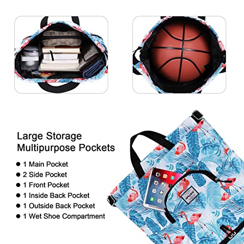 Dry Wet Drawstring Backpack with Shoe Compartment for Women Adjustable Gym Bag - color: Flamingo Blue