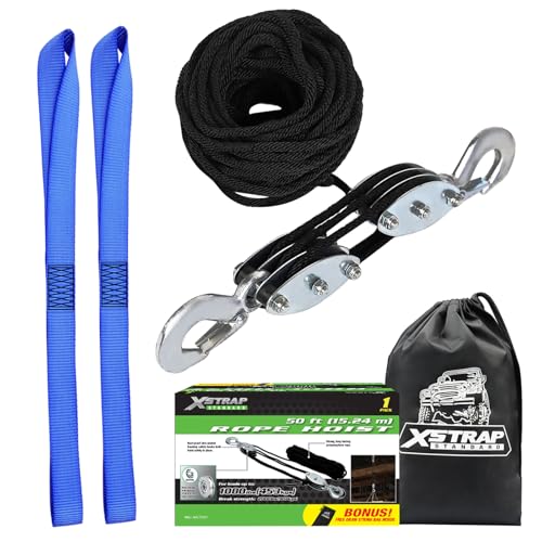 XSTRAP STANDARD Heavy-Duty 2,000 LB Breaking Strength 50 FT Rope Hoist | 1000Lbs work load, metal wheel bearing pulley for lifting heavy objects, includes 2 soft loops, heavy-duty rope hoist (Black) - color: 50ft Black Standard