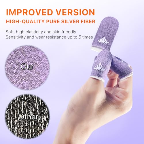 Jwh 10 Pcs Silver Fiber Game Finger Sleeves,Purple Thumb Sleeves Mobile Gaming Cots,Game Thumb Covers,Gaming Finger Gloves with Touchscreen for Pubg Fundas para Dedos Dedales Gamer Profesionales - color: 10Pcs Purple +Storage Box
