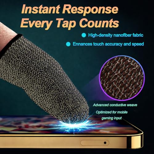 Bluradio 6 Pack Gaming Finger Sleeves for Mobile Gaming | 0.15mm Ultra-Thin, Anti-Sweat Nanofiber, Touchscreen Thumb Sleeves, For PUBG, COD Mobile, Free Fire - color: Black-Gold