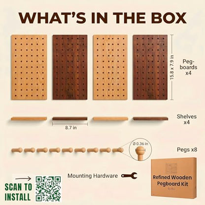Wooden Pegboard Wall Organizer Kit – Modern Density Wood Peg Board with Shelves & Hooks – 2 Tone Natural & Brown Wood-Look Wall Organizer for Office Setup or Home Decor Storage Rack