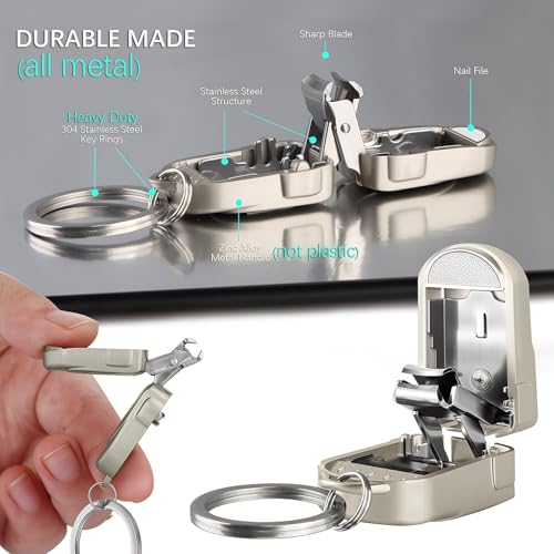 All Metal Foldable Nail Clippers, Stainless Steel Pocket Keychain Fingernail Clipper with Earpick & Keyrings, Portable Compact Travel Nail Trimmer Cutter for Men Women Adults, Champagne - color: Champagne