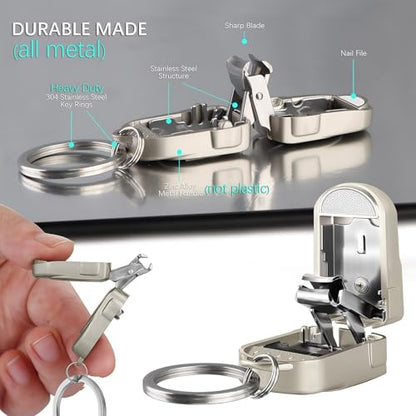 All Metal Foldable Nail Clippers, Stainless Steel Pocket Keychain Fingernail Clipper with Earpick & Keyrings, Portable Compact Travel Nail Trimmer Cutter for Men Women Adults, Champagne - color: Champagne