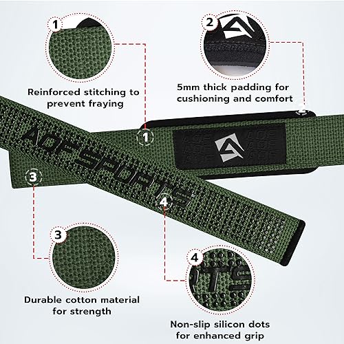 AQF Weight Lifting Straps, Padded Cotton Gym Wrist Straps for Deadlifts | 23" Extra-Long, Heavy-Duty Webbing, 5mm Neoprene Cushioning, Open-Loop Design, Sold as Pair, Ideal for Rows & Pull Workout - color: M/Green Gel Grip