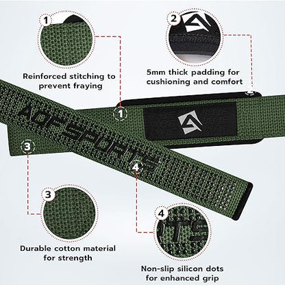 AQF Weight Lifting Straps, Padded Cotton Gym Wrist Straps for Deadlifts | 23" Extra-Long, Heavy-Duty Webbing, 5mm Neoprene Cushioning, Open-Loop Design, Sold as Pair, Ideal for Rows & Pull Workout - color: M/Green Gel Grip