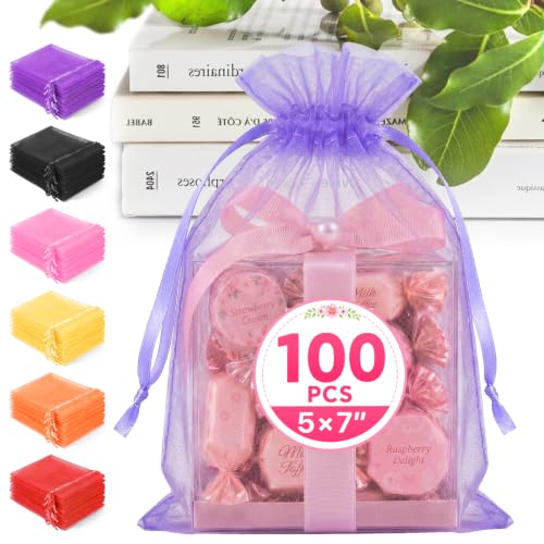 ANZNKU 100PCS Organza Bags 5x7 Purple Small Gift Mesh Drawstring Bag | Party Favor Goody Gift Bag Pouch for Jewelry Candy Treat Soap Sachet, Use for Wedding Birthday Baby Shower Graduation - color: Light Purple-5"x7"