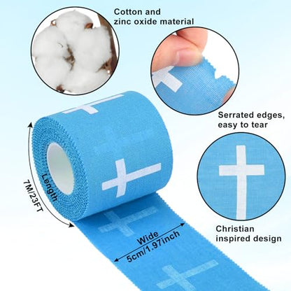 MiniInflat 2 Pcs Christian Cross Athletic Tape Sports Tape 2in x 23ft Religion Jesus Wrist Wrap for Soccer Football Baseball, Gift for Graduation Teacher Nurses Week Pentecost(Blue,Crosses) - color: Blue, style: Cross