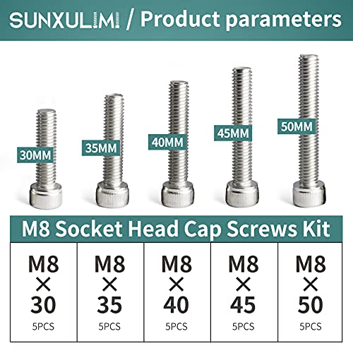 M8 x 30/35/40/45/50mm Screws and Nuts Hex Socket Head Screws M8 Bolts, 304 Stainless Steel, Bright Finish, Fully Threaded, Metric Allen Hex Drive, Assortment Kit 25PCS - size: M8×30/35/40/45/50mm