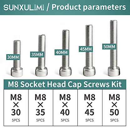 M8 x 30/35/40/45/50mm Screws and Nuts Hex Socket Head Screws M8 Bolts, 304 Stainless Steel, Bright Finish, Fully Threaded, Metric Allen Hex Drive, Assortment Kit 25PCS - size: M8×30/35/40/45/50mm