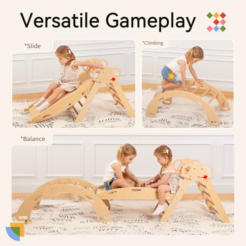 WINGYZ Pikler Triangle Set, Montessori 8-in-1 Foldable Climbing Set | Reversible Animal Slide, Patent-Protected Jungle Gym, Safe 2.35in Gap, ASTM F963 Standards for Toddlers 18M-5Y, Teak - color: Teak