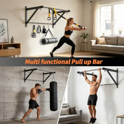 Adjustable Depth Pull Up Bar, Wall & Doorway Mounted Chin Up Bar with Hooks, Thickened Steel Construction, 500LBS Heavy Duty Capacity, Home Garage Upper Body Strength Training Equipment - color: Carbon Black
