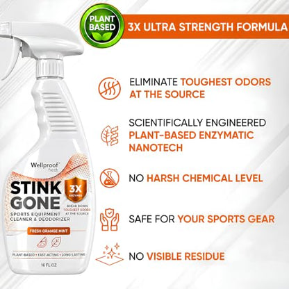Stink Gone 2-in-1 Sports Equipment Cleaner & Odor Eliminator - 3X Enzyme Concentrate for Gloves, Hats, Helmets, Cleats, Shoes, Clothes, Gym Bags, Gym Equipment & Athletic Gear, 16oz