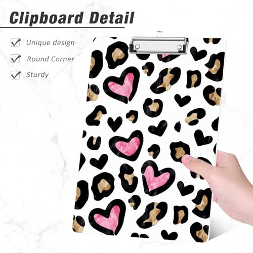 Rimilak Wood Clipboard, 8.5x11 Hardboard Clip Board, Heart Leopard | Fun Design, Cute Custom Pattern, 9 x 12.5 in Letter Size for Classroom, Teachers, Kid, Woman, School & Office Supply - color: Heart Leopard