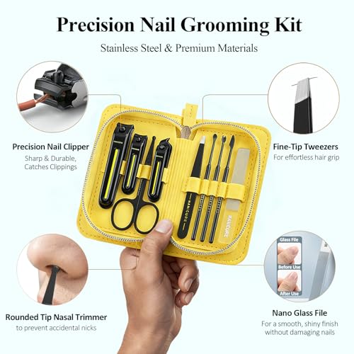 9-in-1 Manicure and Pedicure Kit for Men & Women, Travel Nail Clipper Set with Stainless Steel Tools & Glass Nail File, Portable Grooming Kit in PU Leather Case, Personal Care Gift - color: Yellow-Black