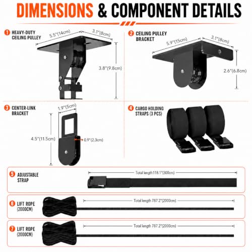 TRUSOON Cargo Box Hoist, Garage Pulley Lift System,150 lbs | For cargo box and kayak, 10-18 ft garage ceiling, 3-point stability, anti-scratch ring, heavy-duty steel