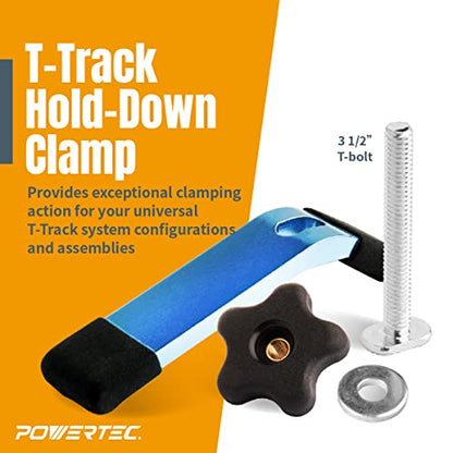 POWERTEC 71860 36 Inch x4 Universal T track with 4 Pcs Hold Down Clamp, Double-Cut Profile T track with Predrilled Mounting Holes & 5-1/2” L x 1-1/8” W T track Clamps - size: 36" Track (4PK) w/ HD Clamp (4PK)
