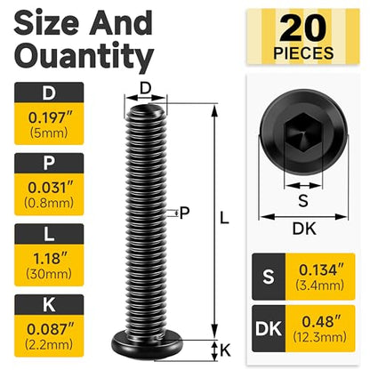 Mywish M5 x 30mm 20Pcs Flat Head Hex Socket Cap Screws Bolts, 304 Stainless Steel Furniture Bolts Full Thread, Black Oxide & Hex Spanner - color: Black-M5, size: 30mm