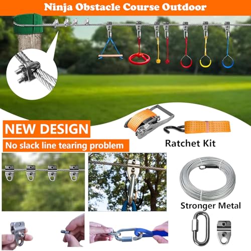 65FT Ninja Warrior Obstacle Course for Kids Backyard Outdoor | Stainless Steel Main Cable, Waterproof 13 Pcs Children Toy Training Accessories, Climbing Net, Swing, Ladder, CPSC Approval - size: 65FT 13Pcs Ratchet