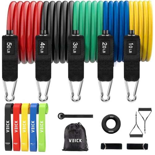 VEICK 10-150LBS Resistance Bands with Handles, Ankle Straps, Door Anchor | Accredited Lab Certified, 100% Natural Latex, Versatile for Yoga, Pilates, Strength, Home Gym - color: Colorful, style: 10-150LBS + Hand Grip
