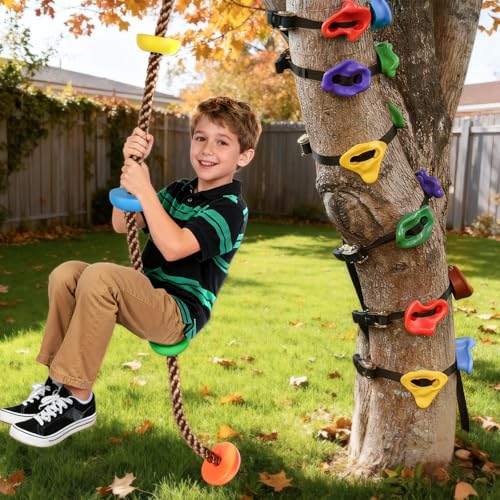 12 Ninja Tree Climbing Holds and 6.56FT Climbing Rope for Kids, Tree Climber Climbing Kit for Outdoor Ninja Warrior Obstacle Course Training - style: Ninja Rope+Tree Holds