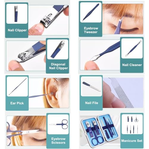 QURIPE 7pcs Manicure Set, Nail Clippers Kit, Stainless Steel Manicure Kit, Nail Clipping Tools Portable Travel Grooming Kit, The Best Gift with Luxurious Case (Blue) - color: Blue
