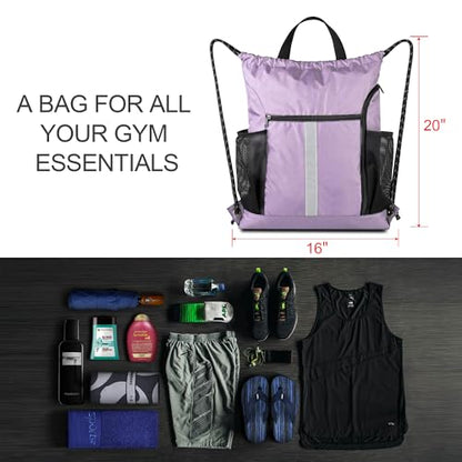 BeeGreen Lilac Drawstring Backpack Bag Gym Sports Backpack with Shoe Compartment and Two Water Bottle Holder for Women Men Large String Athletic Sackpack Workbag - color: Lilac, style: Drawstring With Shoe Compartment