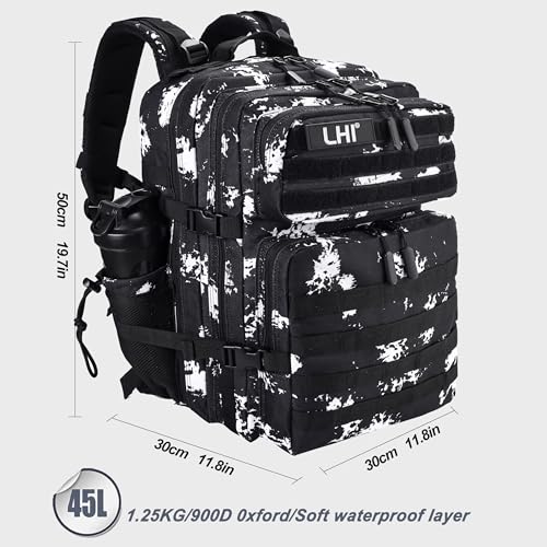 LHI Military Tactical Backpack for Men and Women 45L Army 3 Days Assault Pack Bag Large Rucksack with Shoe Compartment - color: 1.5 Black Lightning