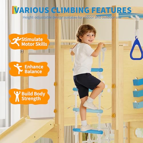 Jungle Gym with Slide, Rock Wall, Wood ＆ Rope Ladder, Monkey Bars, Gym Rings