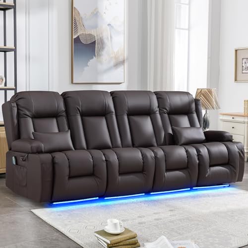 IPKIG Power Recliner Sofa with Flip-Up Backrest Console, USB & USB-C Ports, AC Outlet, LED Lights, Wall Hugger Recliners for Living Room, RV (Brown, 98.7" - 4 Seat) - color: Brown, size: 98.7" - 4 Seat