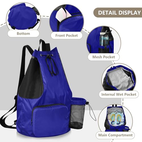 Yuiboo Navy Blue Drawstring Gym Bags Climbing Gym Bag with Water Bottle Pocket Cinch Back Sack Wet and Dry Separation