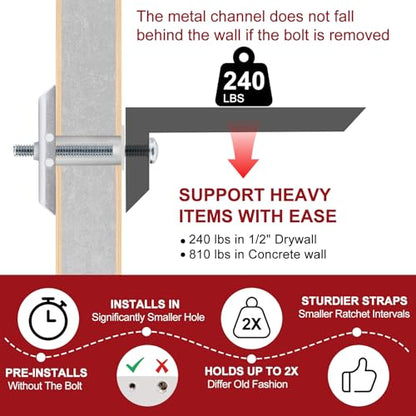 Heavy Duty Drywall Anchor Bolts with 3/16”-24 Bolts for TV Mounting Kits Stainless Steel Hollow Wall Anchors Holds Up to 240 lbs on 1/2-In Drywall 22 Pack Drywall Anchors for Heavy Duty Wall Anchoring - size: 3/16"-24：Pack of 22