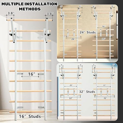Stall Bars, Swedish Ladder for Adult and Kids, Wall Bar with Solid Beech Wood Rods, Durable Steel Frame, Adjustable Pull Up and Dip for Strength, Flexibility at Home Gym, Studio - color: Silver-gray