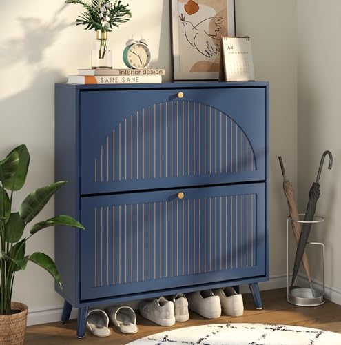 Fsbecl Shoe Storage Cabinet for Entryway with 2 Flip Drawers, Narrow Wood Shoe Cabinet with Fluted Panel, Freestanding Hidden Shoe Organizer for Hallway - color: Navy Blue, size: 2 Drawers-Double Layer